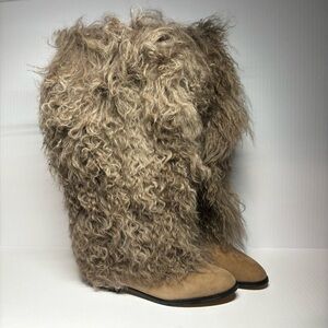 Rara Avis - IRIS APFEL Brown /Taupe Suede Mongolian Fur Knee High Boots